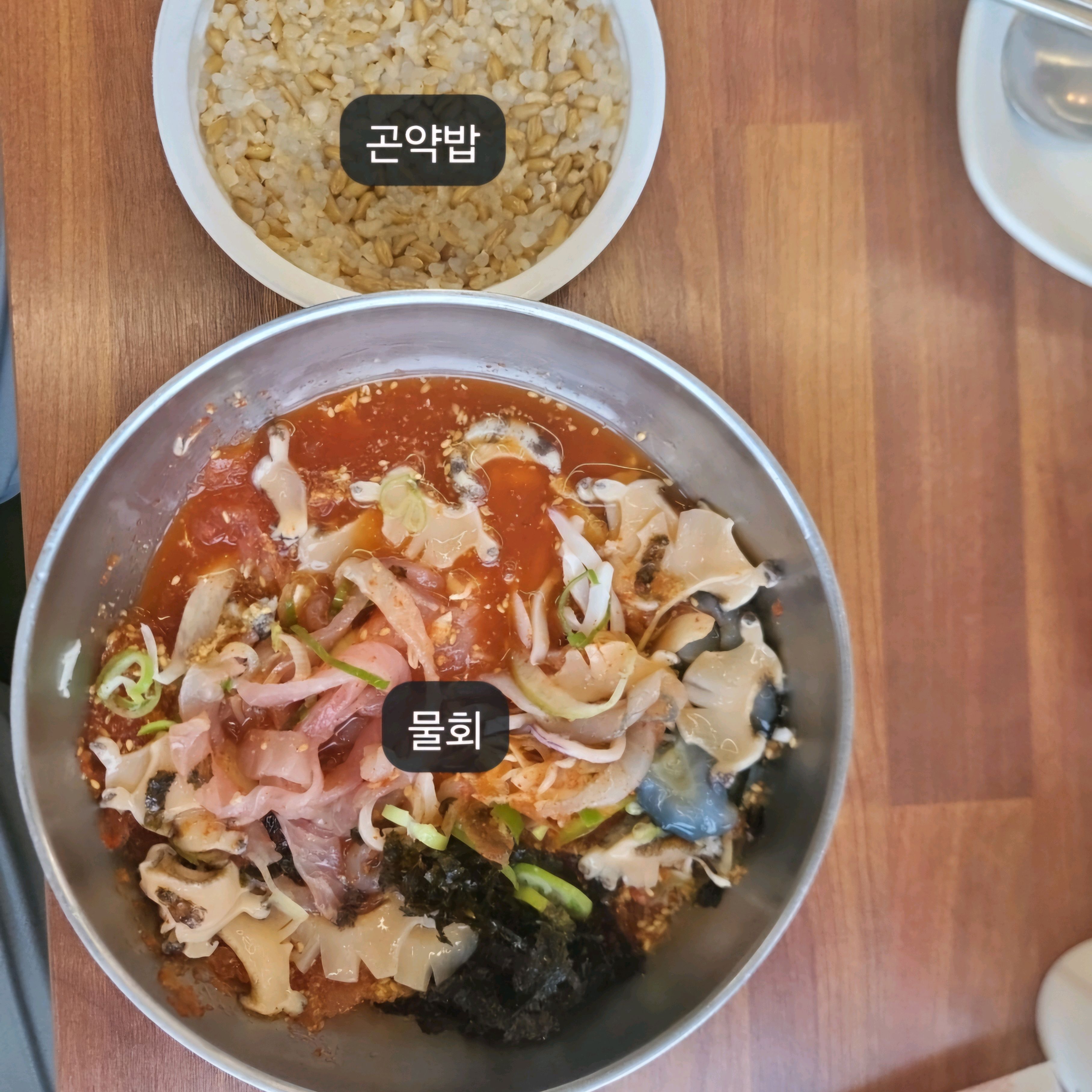 국물과 밥이 함께 나온 물회