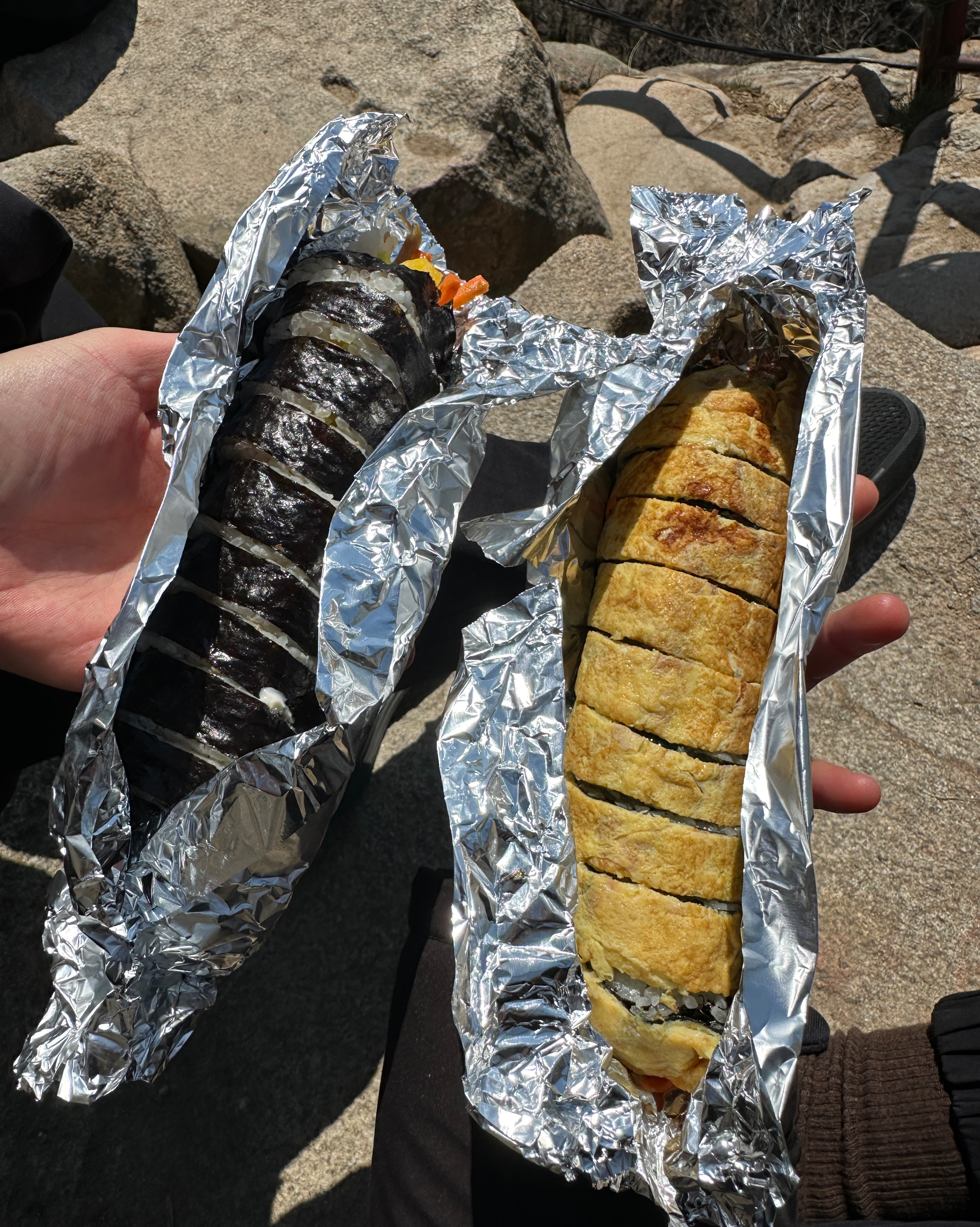 포장된 김밥과 산 배경 사진