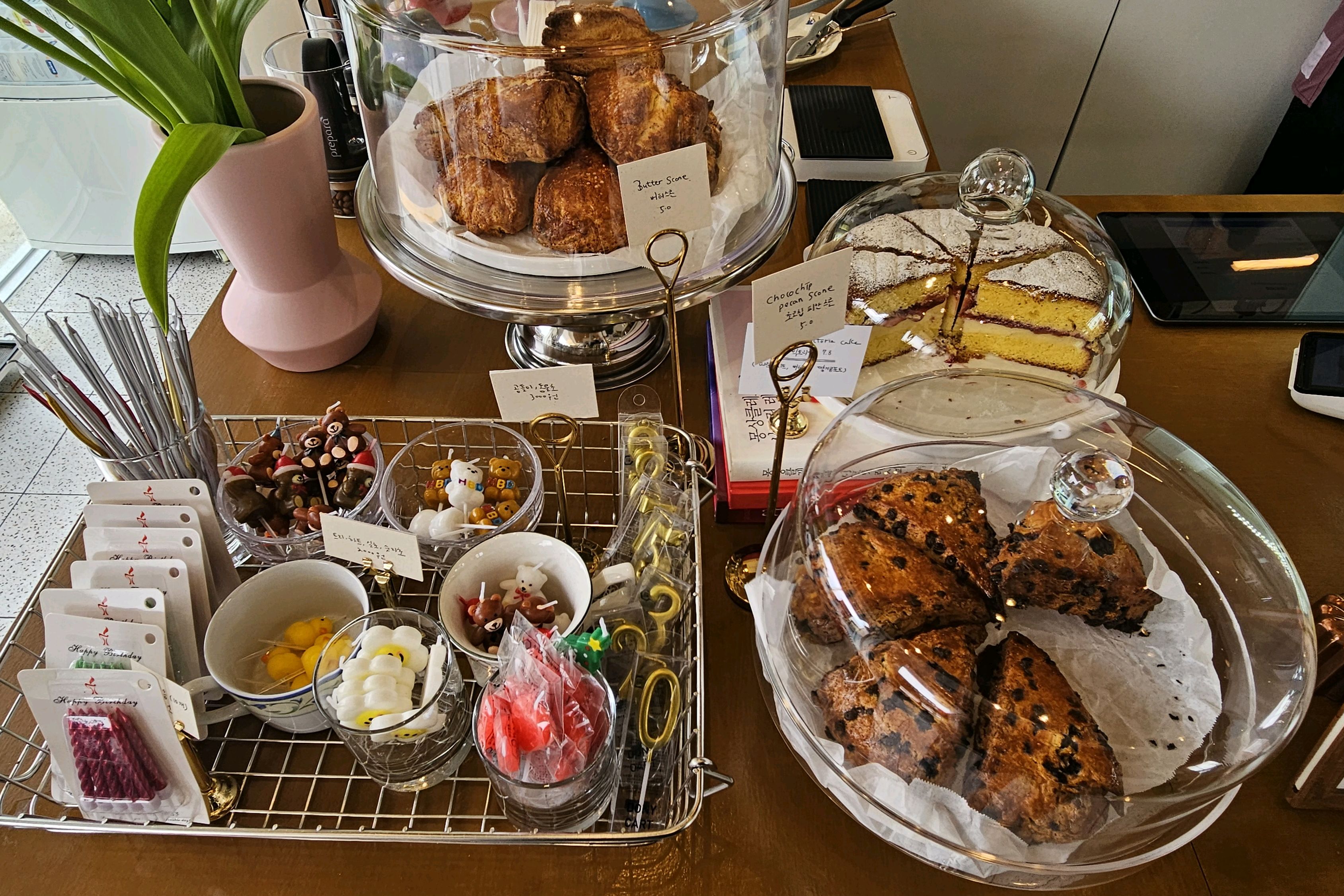 진열된 스콘과 작은 디저트들