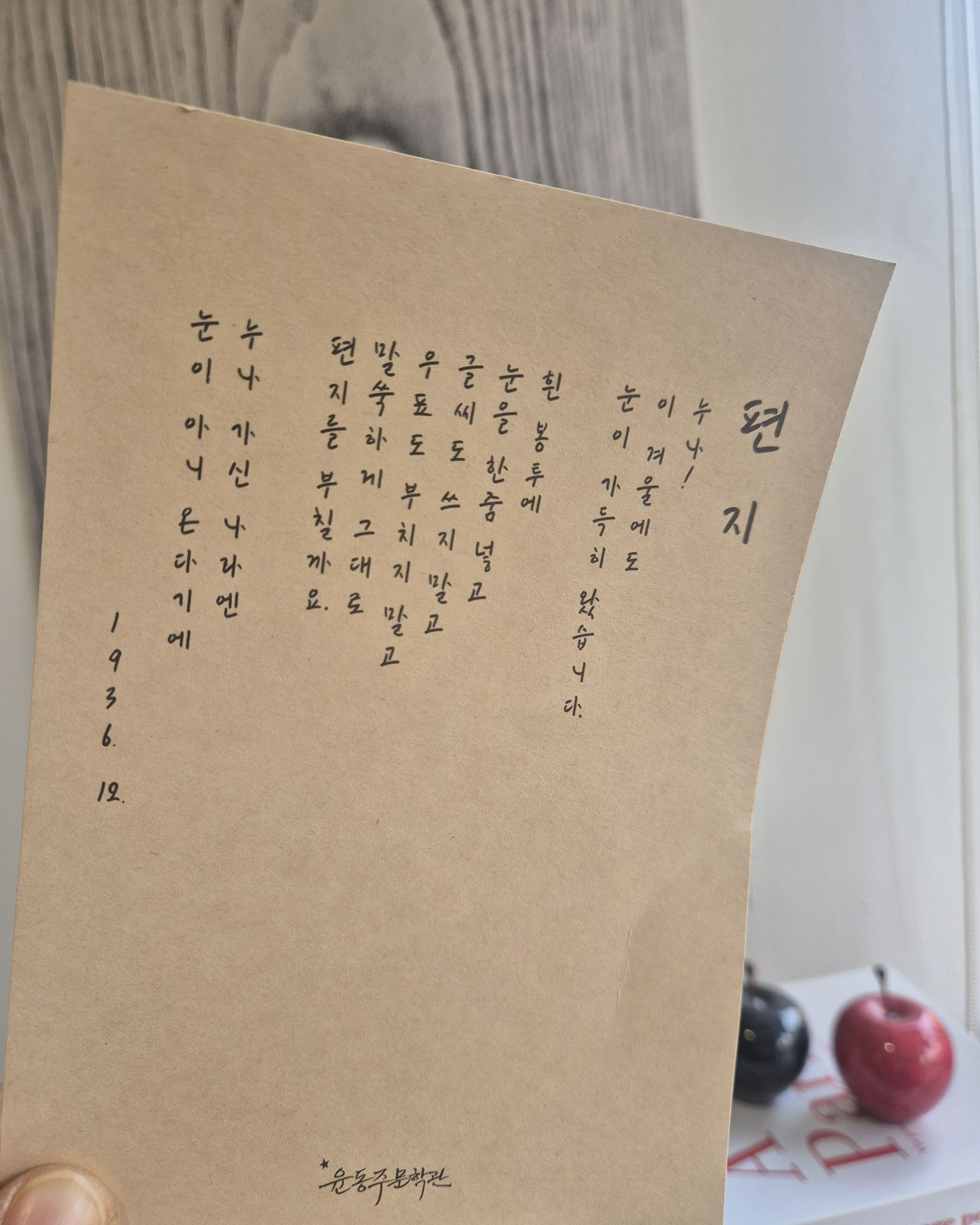 책 위에 놓인 빨간색 사과 모형과 검은색 구슬