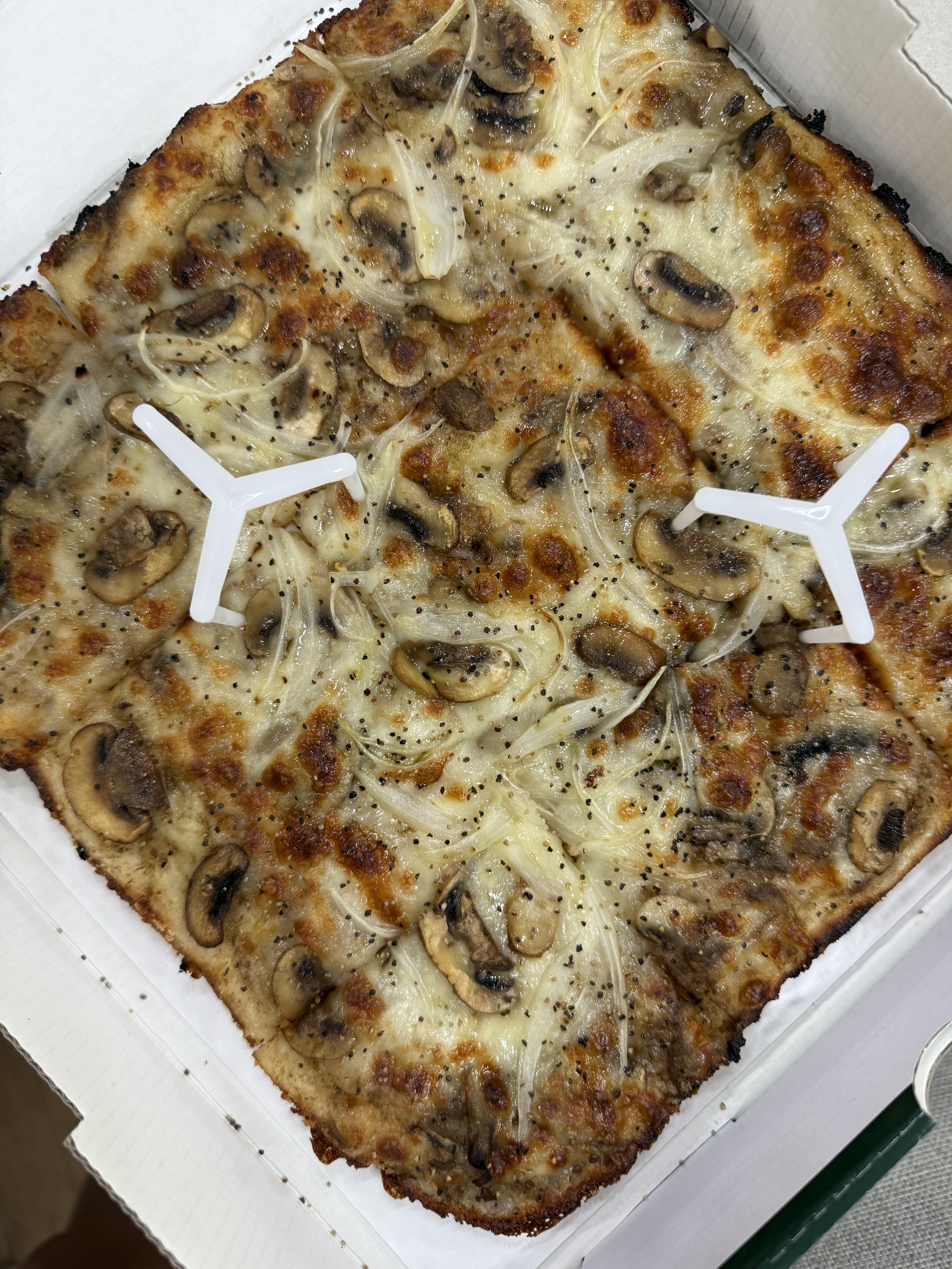 버섯과 양파가 올라간 피자