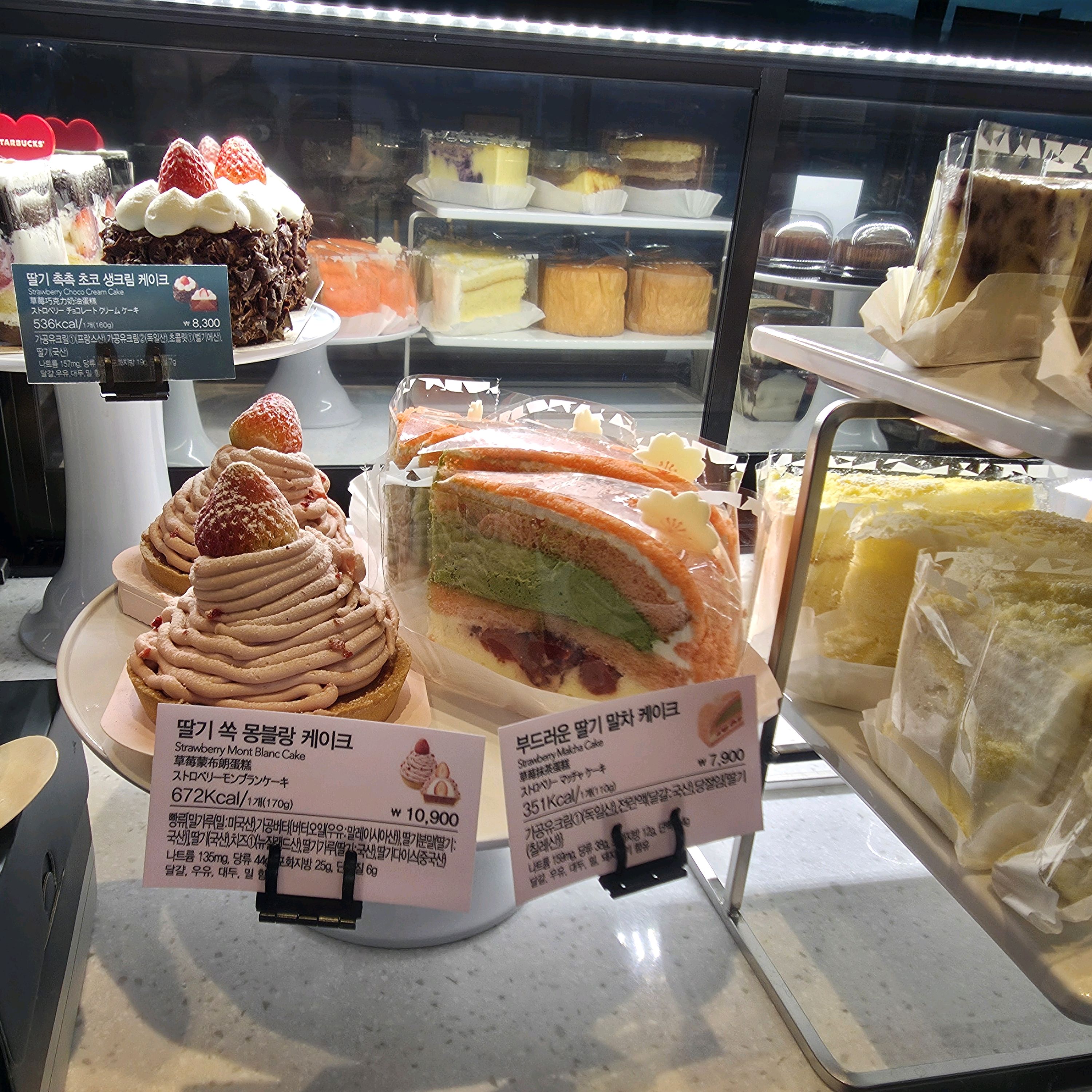 쇼케이스 속 다양한 케이크 조각들